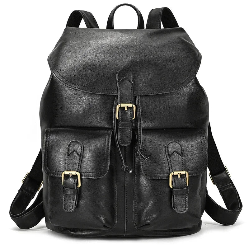 Full-Grain Leather Vintage Backpack – Soft Structure with Triple Flap Pockets - Black