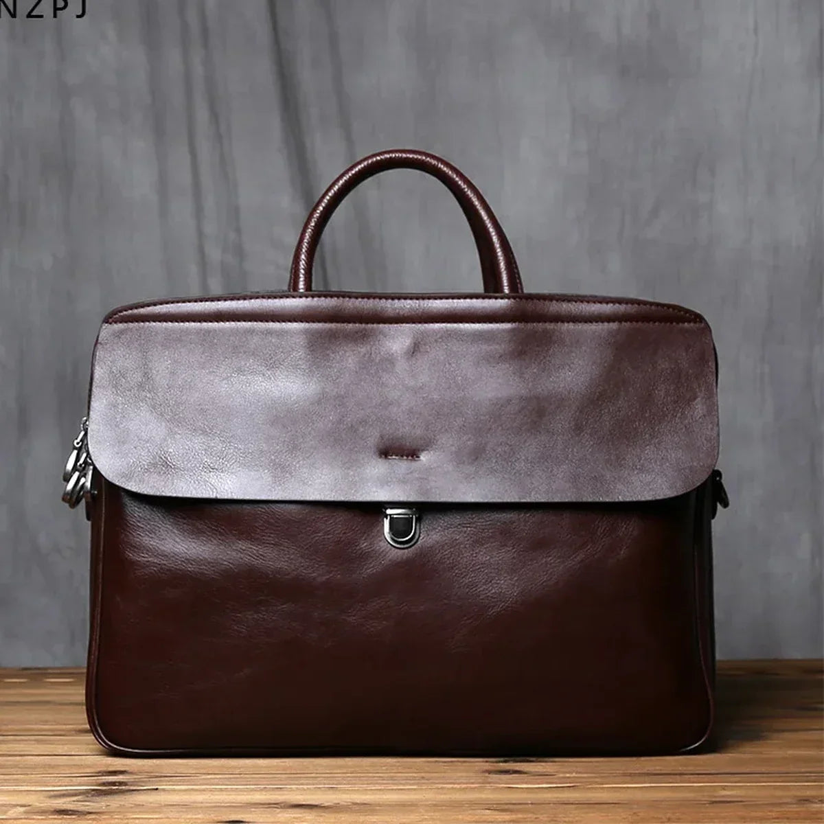 Genuine Leather Flap Briefcase with Push Lock 15 Inch