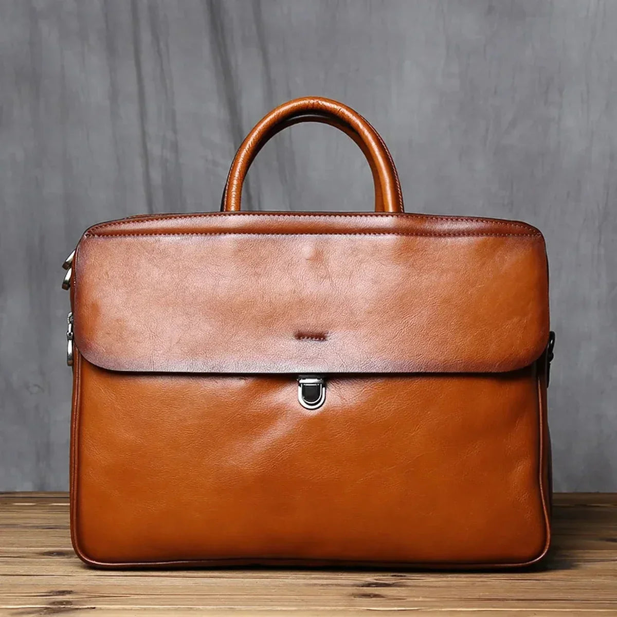 Genuine Leather Flap Briefcase with Push Lock 15 Inch