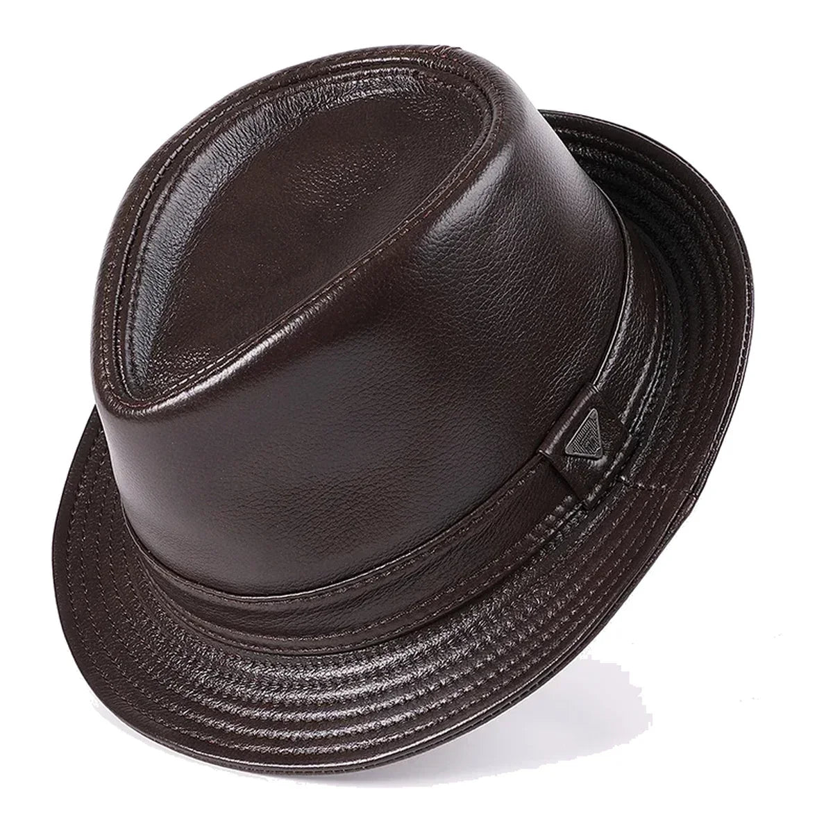 Genuine Leather Short Brim Fedora Hat - Dark Brown / L (US 6 7/8 to 7)