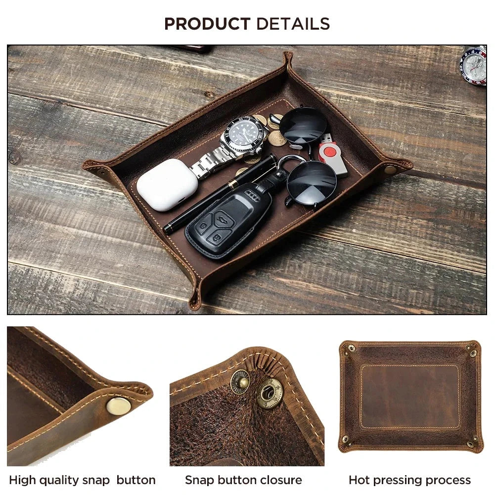 Foldable Leather Valet Tray - Catchall for Keys Watch & Wallet