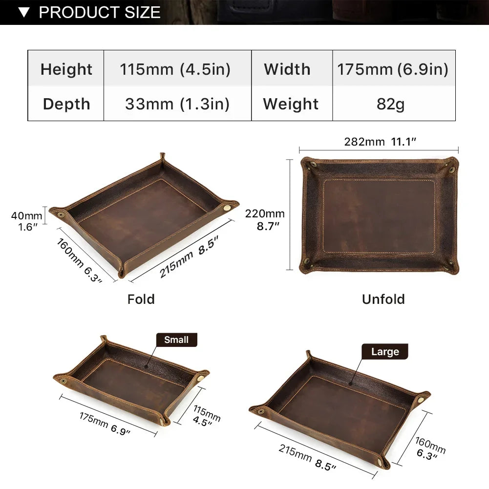 Foldable Leather Valet Tray - Catchall for Keys Watch & Wallet