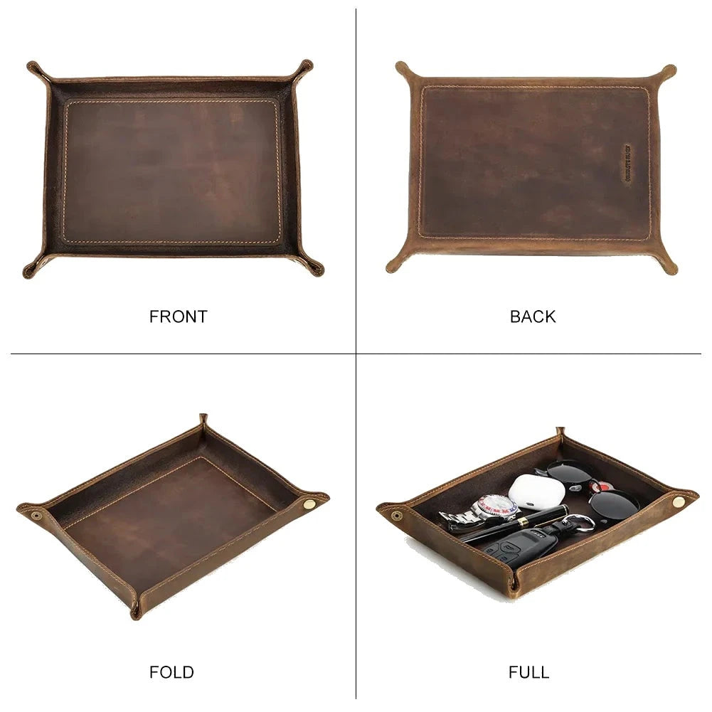 Foldable Leather Valet Tray - Catchall for Keys Watch & Wallet