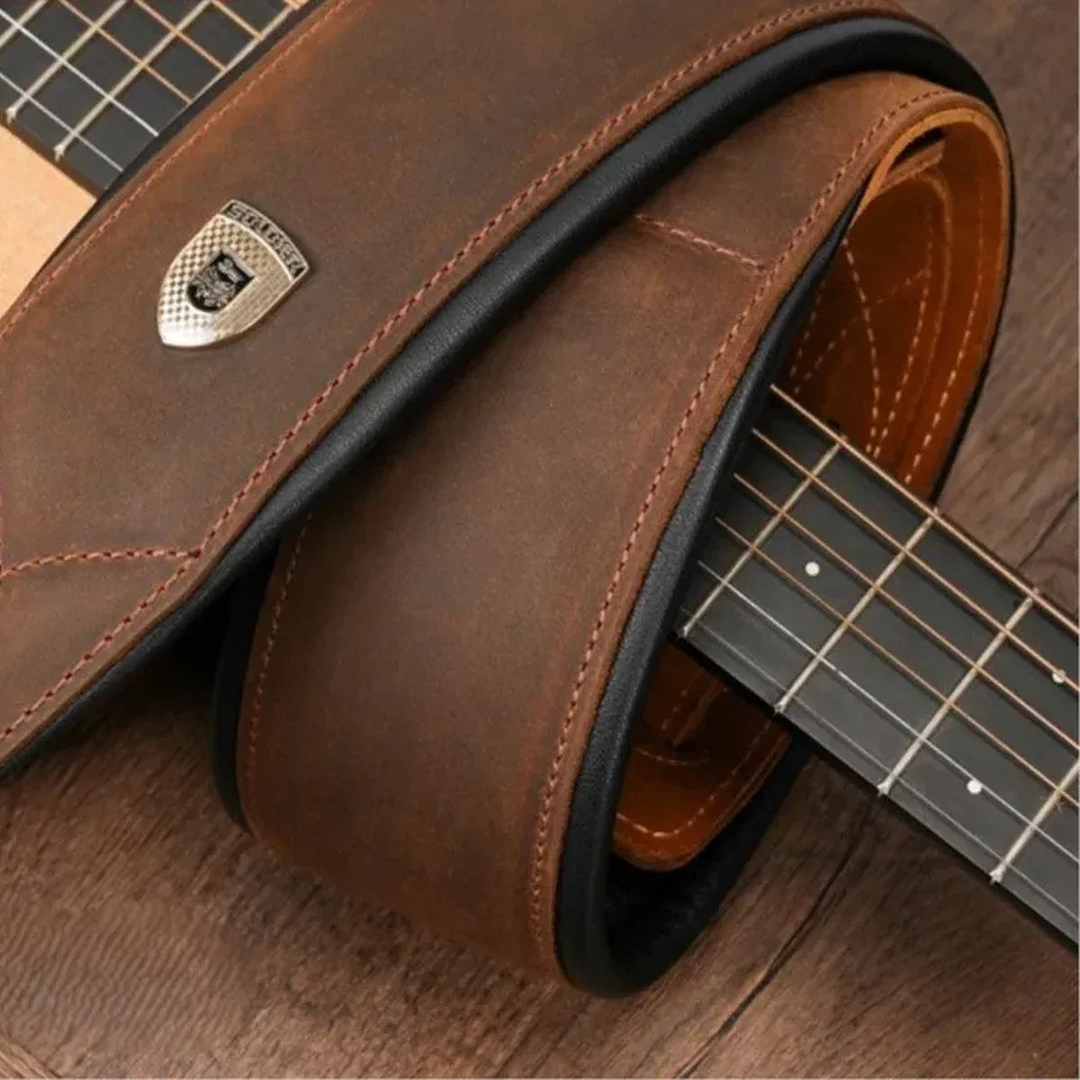 Men’s Padded Leather Guitar Strap Crazy Horse Cowhide for Gigs - Brown