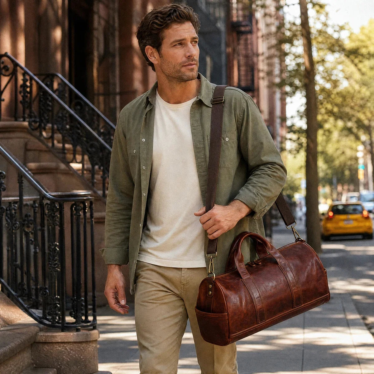 Genuine Leather Weekender Duffle Bag - Reddish Brown