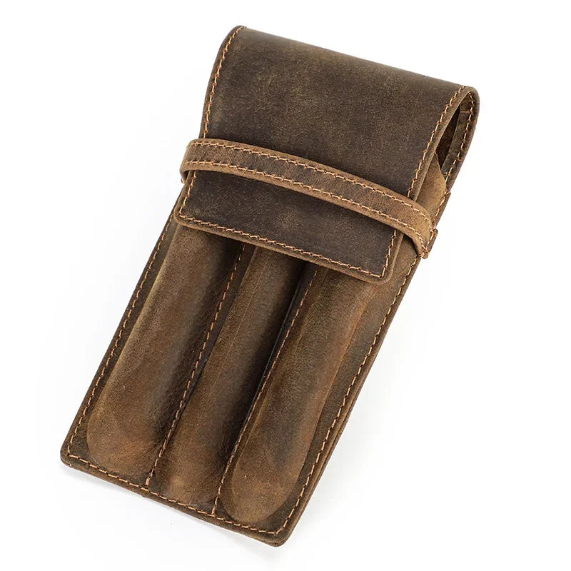 Men’s Leather Pen Case - 3-Slot Flap Closure Holder - 3 pens type