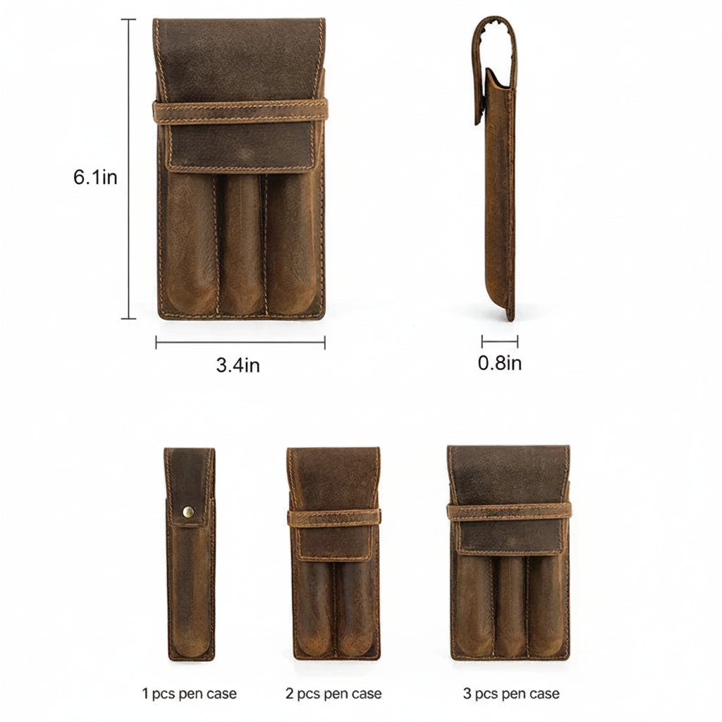 Men’s Leather Pen Case - 3-Slot Flap Closure Holder