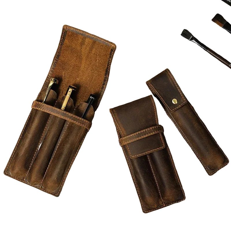 Men’s Leather Pen Case - 3-Slot Flap Closure Holder