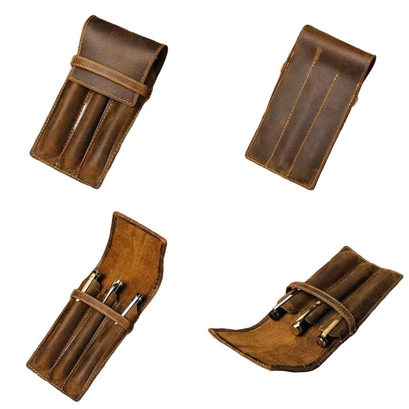 Men’s Leather Pen Case - 3-Slot Flap Closure Holder