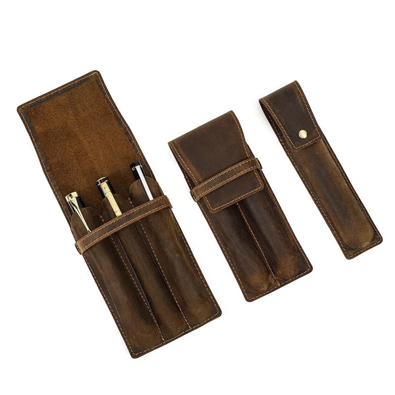 Men’s Leather Pen Case - 3-Slot Flap Closure Holder