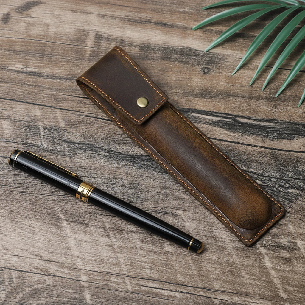Men’s Leather Pen Case - 3-Slot Flap Closure Holder