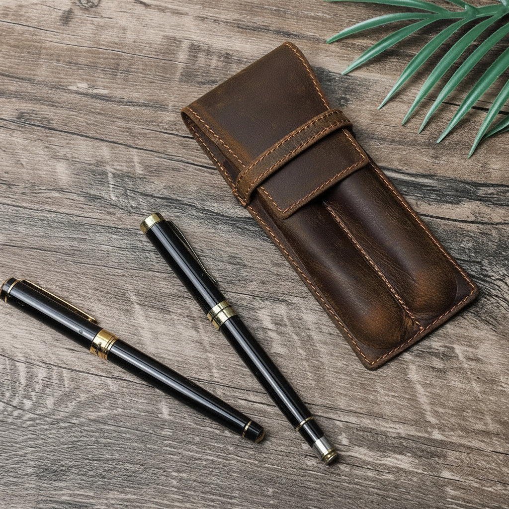 Men’s Leather Pen Case - 3-Slot Flap Closure Holder