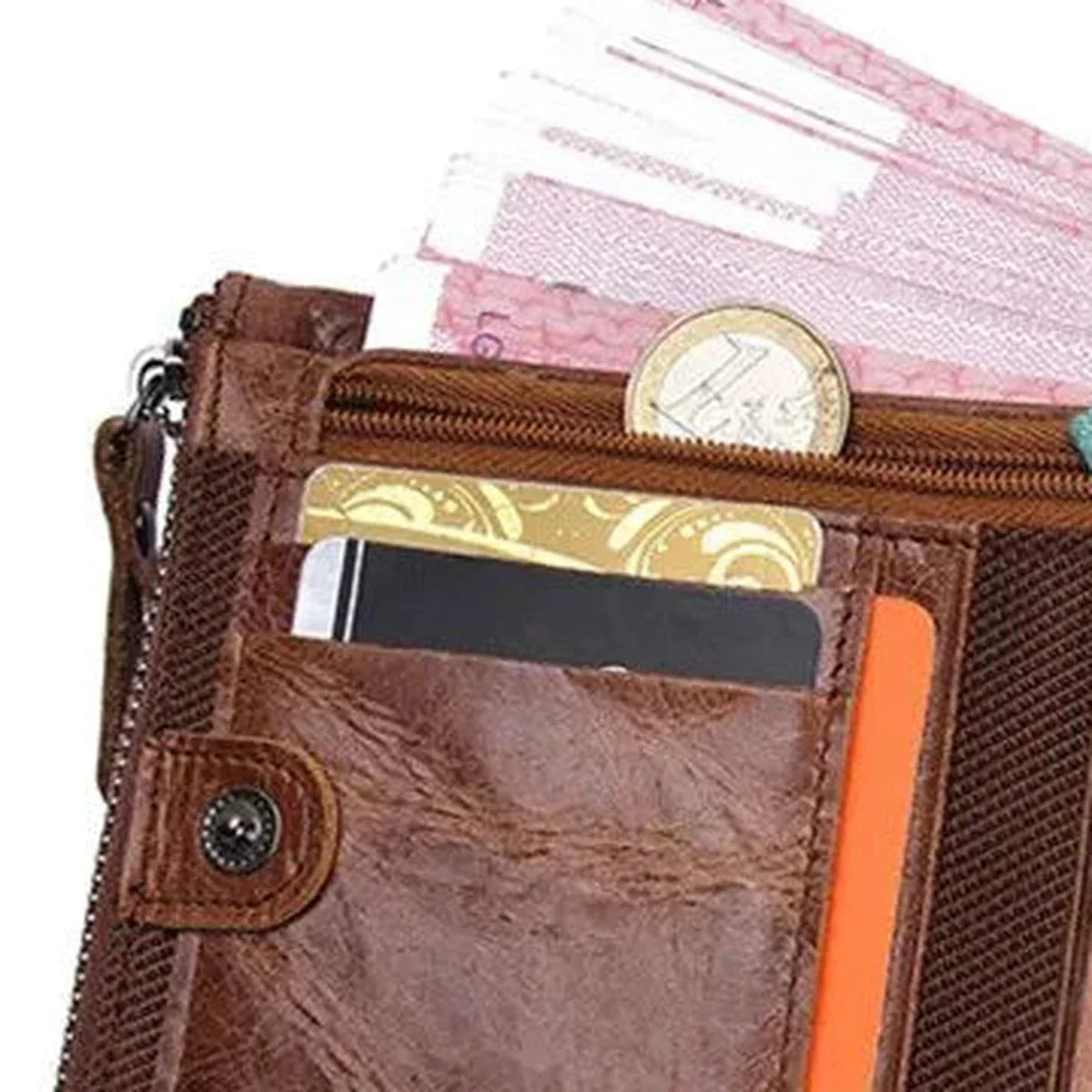 Leather Bifold Wallet - Dual Zip Coin Pockets & Photo Window