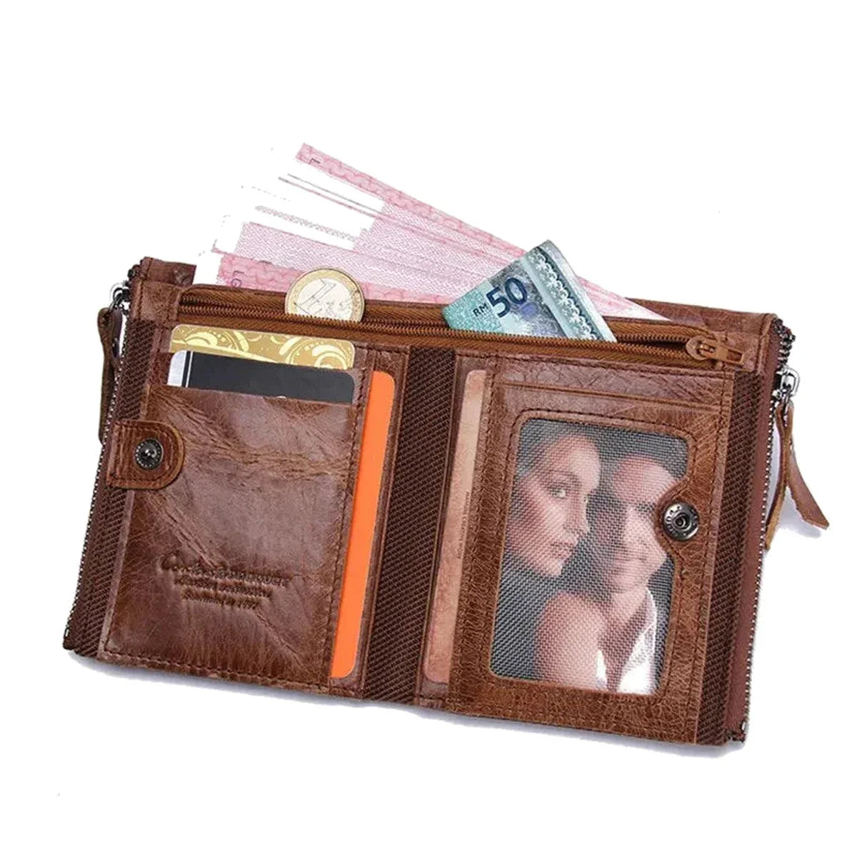 Leather Bifold Wallet - Dual Zip Coin Pockets & Photo Window