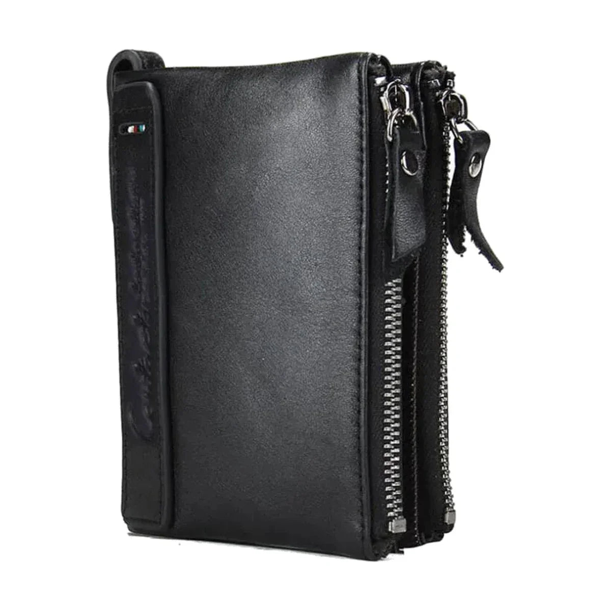 Leather Bifold Wallet - Dual Zip Coin Pockets & Photo Window - Black