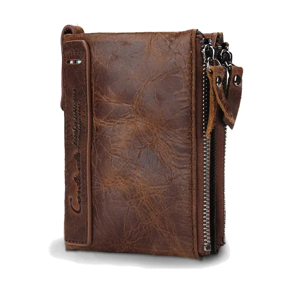 Leather Bifold Wallet - Dual Zip Coin Pockets & Photo Window - Brown