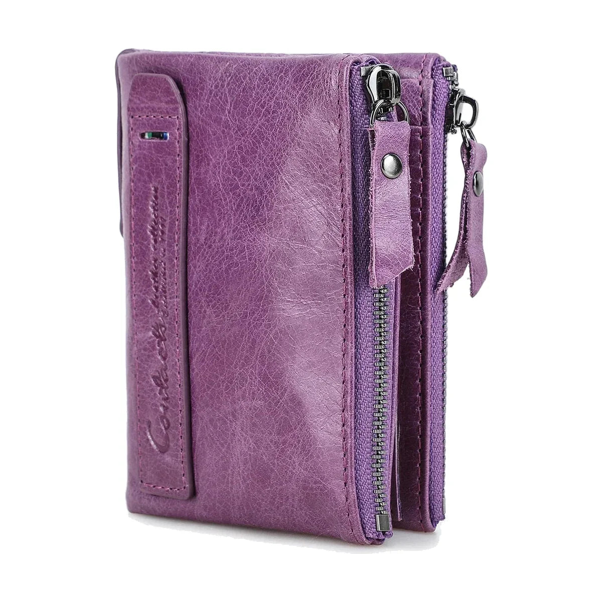 Leather Bifold Wallet - Dual Zip Coin Pockets & Photo Window - Light Purple