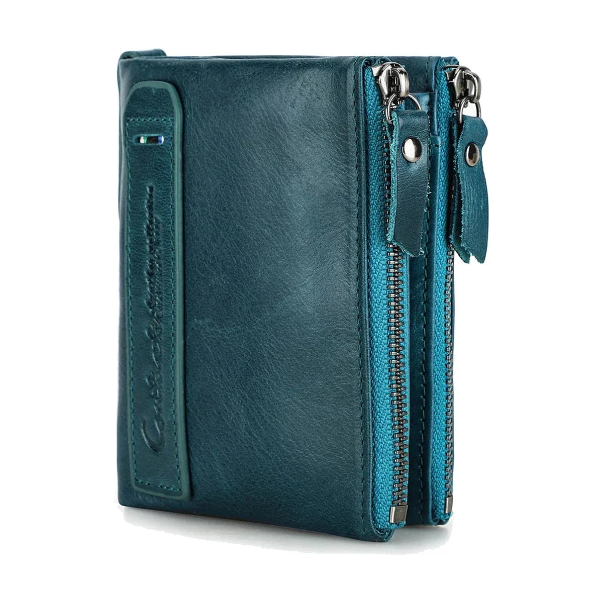 Leather Bifold Wallet - Dual Zip Coin Pockets & Photo Window - Teal Blue