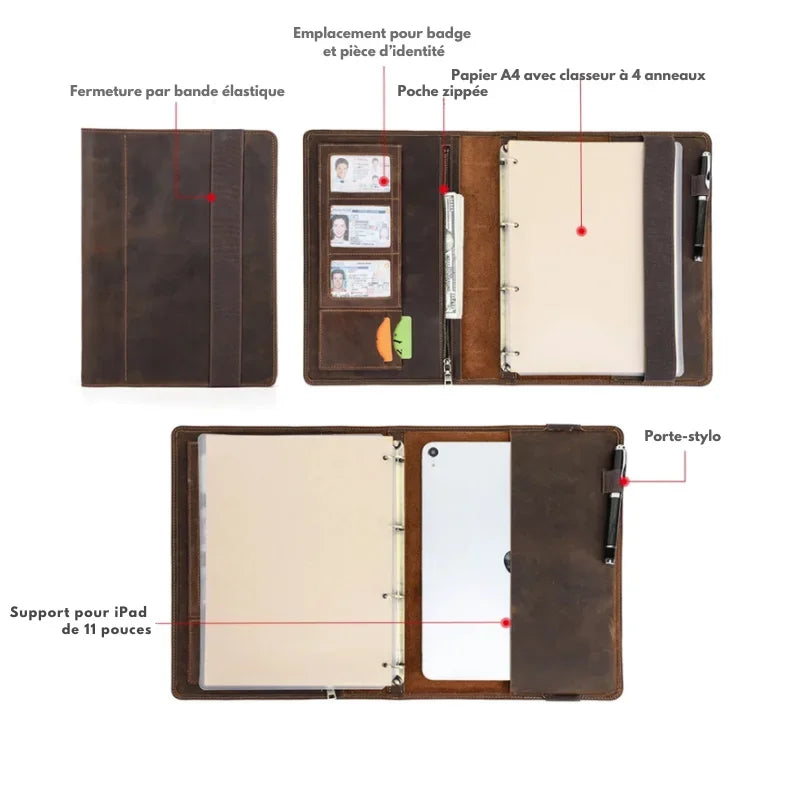 Leather Binder Padfolio - 4-Ring A4 Organizer with iPad Stand