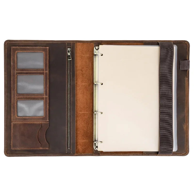 Leather Binder Padfolio - 4-Ring A4 Organizer with iPad Stand