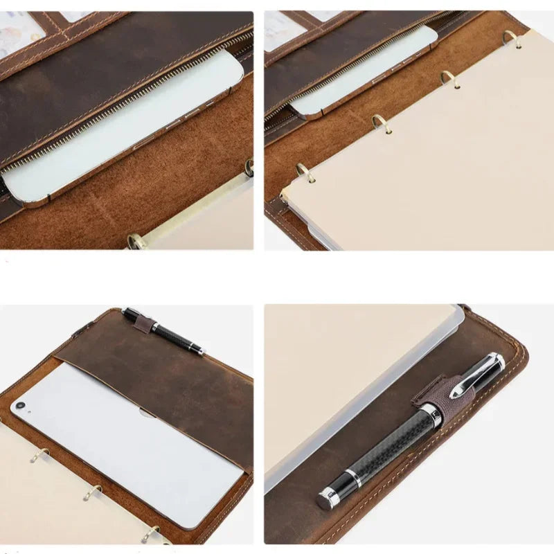 Leather Binder Padfolio - 4-Ring A4 Organizer with iPad Stand