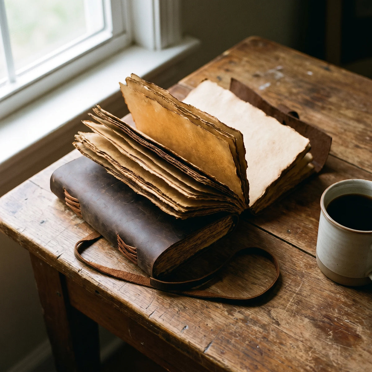 Leather Bound Journal - Deckle Edge Notebook with Wrap Tie - Brown