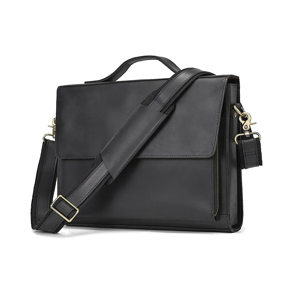 Slim Leather Flap Briefcase with Magnetic Closure - Black