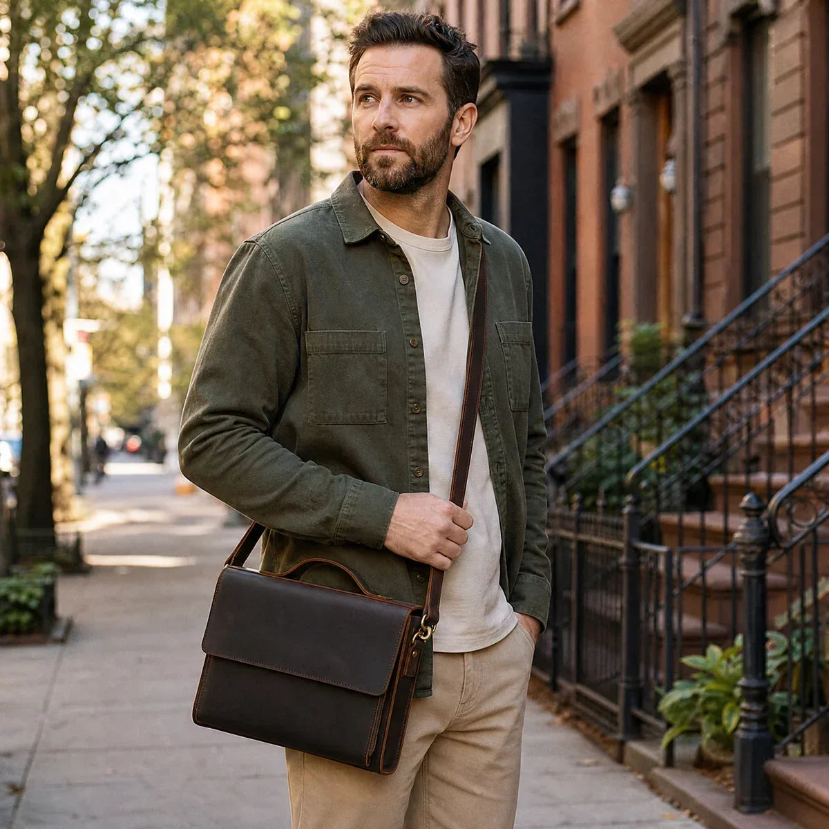 Slim Leather Flap Briefcase with Magnetic Closure