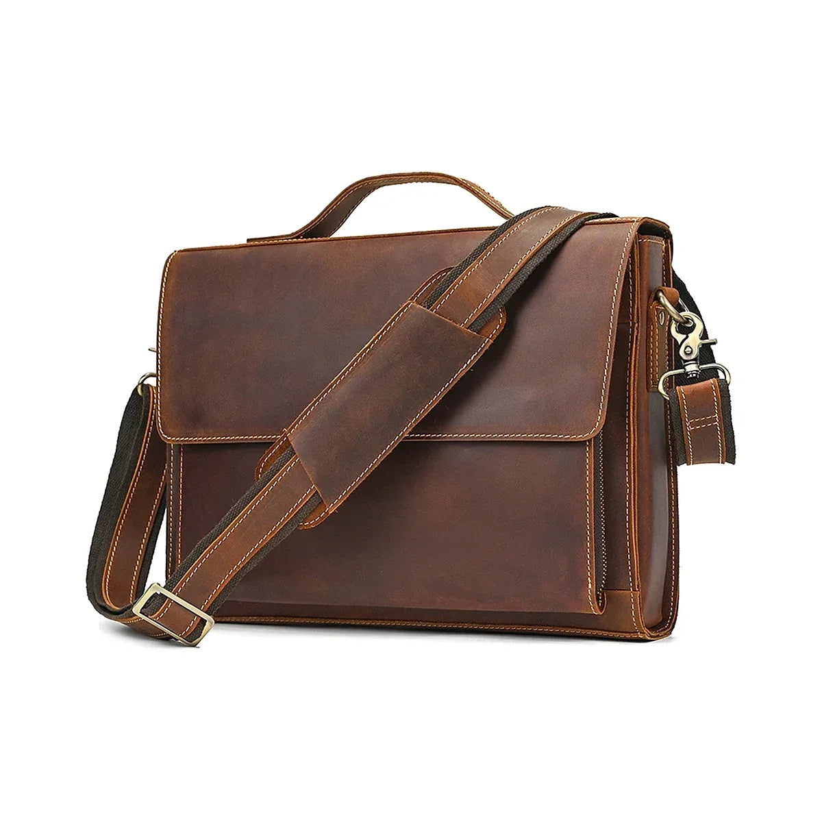 Slim Leather Flap Briefcase with Magnetic Closure - Brown