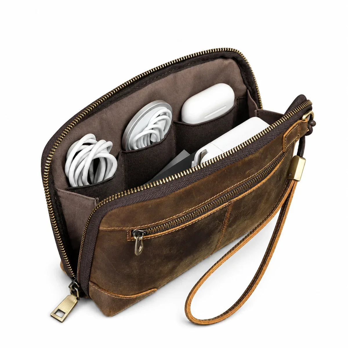 Leather Cable Organizer Clutch - Wristlet Charger & Power Bank Case