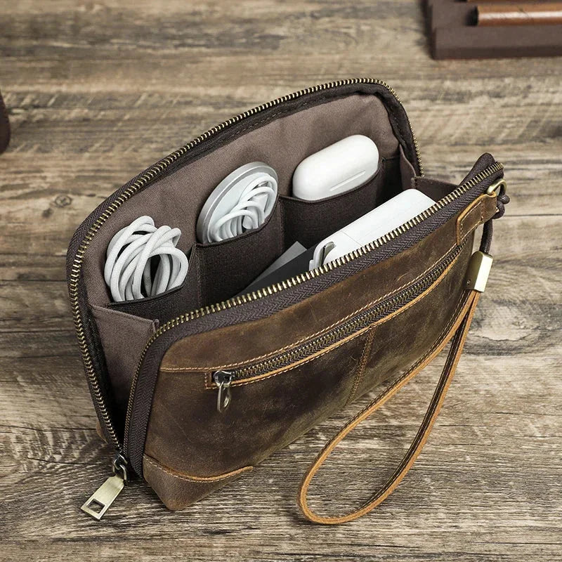 Leather Cable Organizer Clutch - Wristlet Charger & Power Bank Case - Coffee