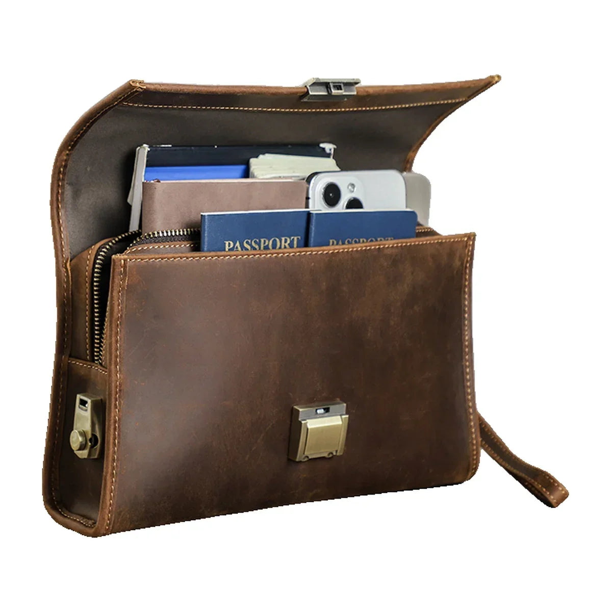 Leather Clutch Bag - Combination Lock Crazy Horse Organizer - Coffee
