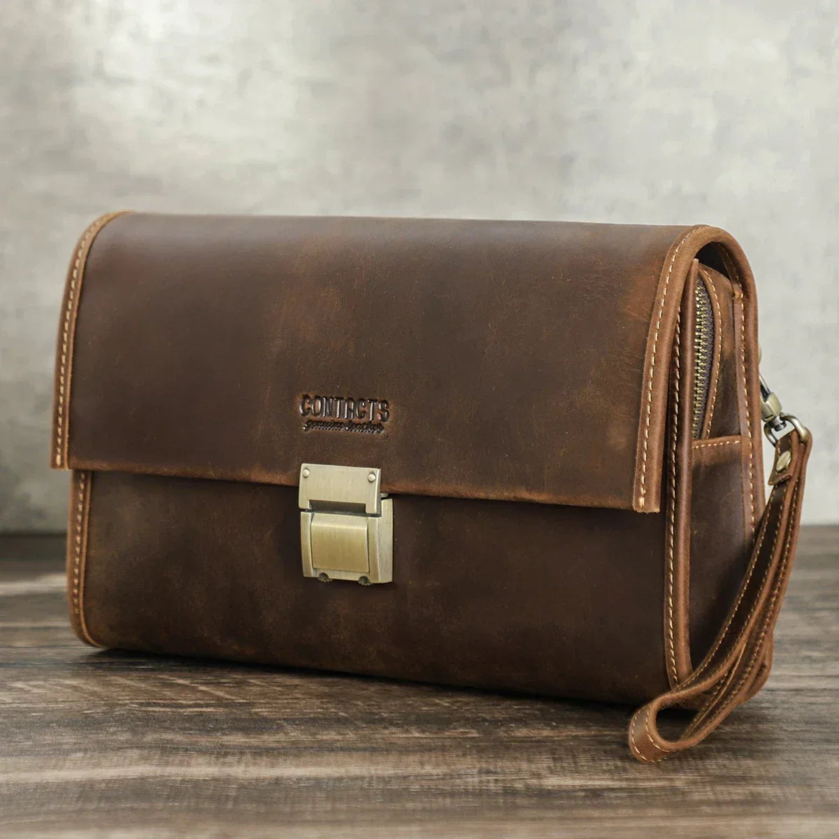 Leather Clutch Bag - Combination Lock Crazy Horse Organizer - Coffee