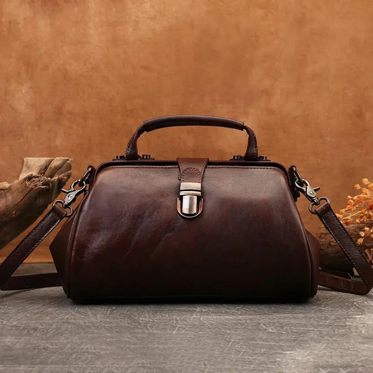 Leather Doctor Bag with Push-Lock and Shoulder Strap