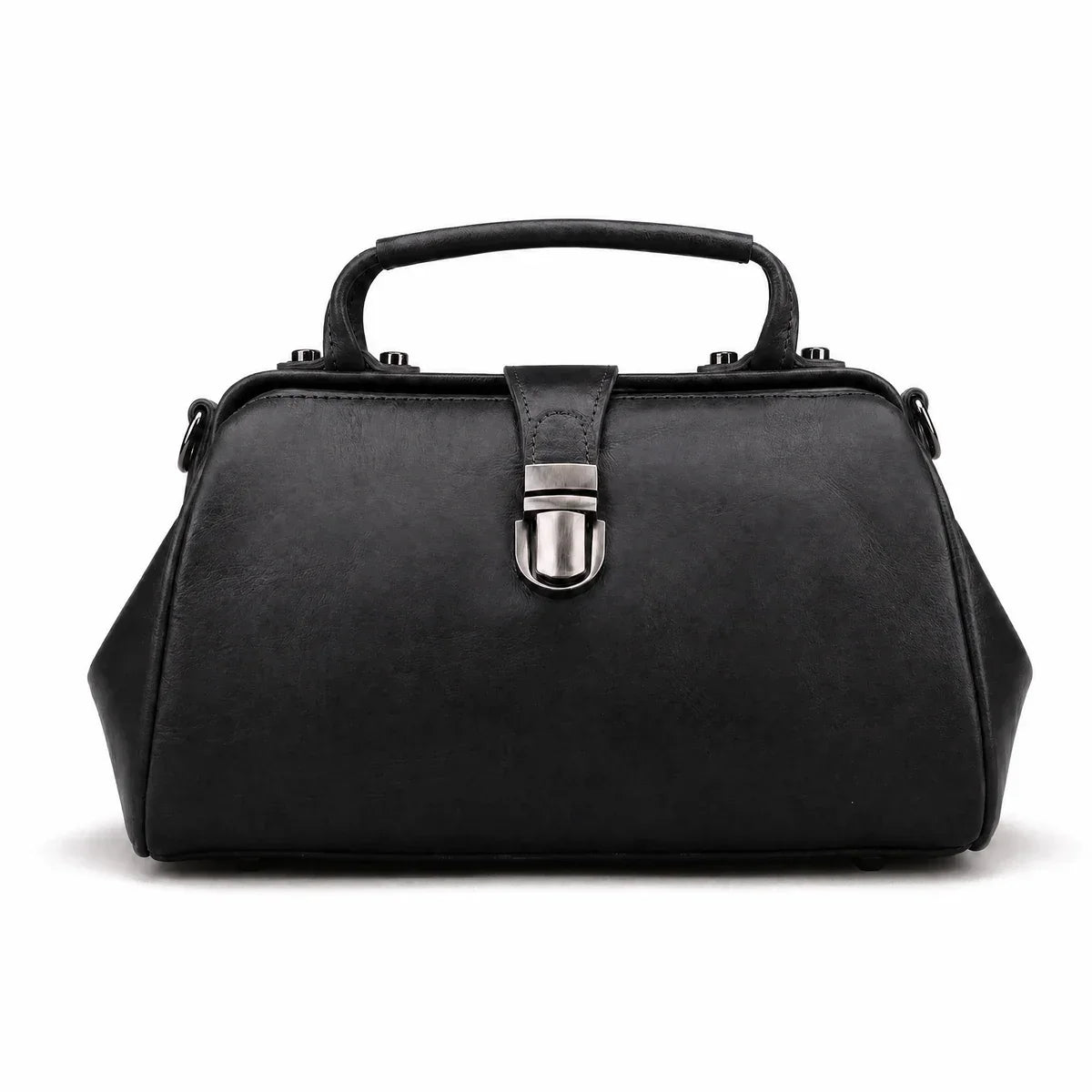 Leather Doctor Bag with Push-Lock and Shoulder Strap - Black