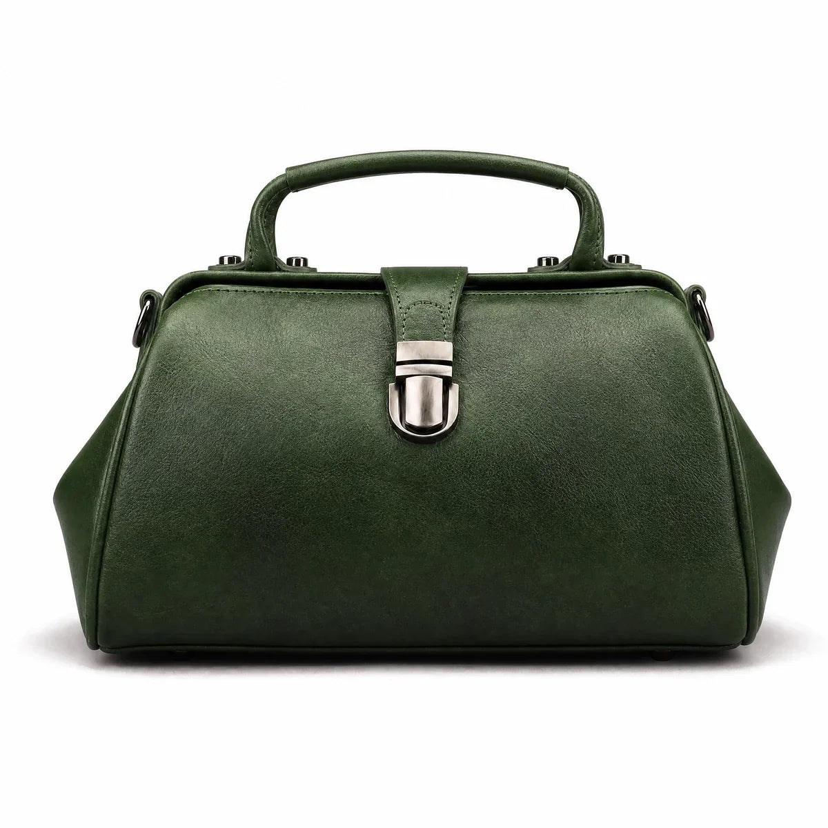 Leather Doctor Bag with Push-Lock and Shoulder Strap - Green