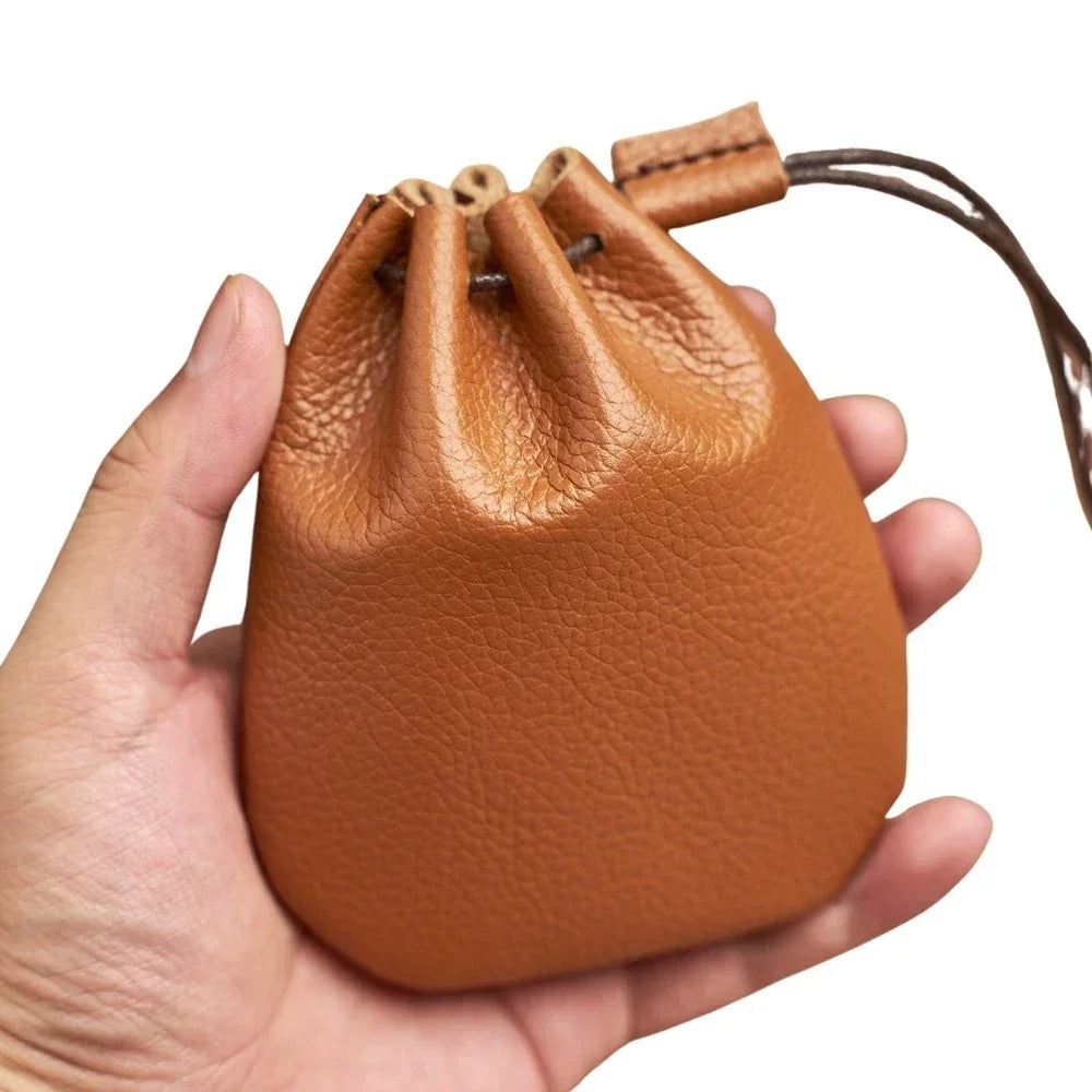Leather Drawstring Pouch - Small Bag for Earbuds & Keys - Brown