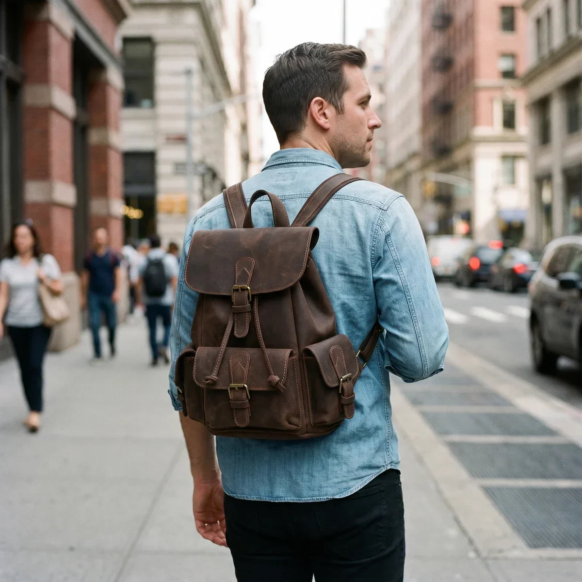 Men’s Crazy Horse Leather Mini Backpack with Drawstring - Vintage Coffee