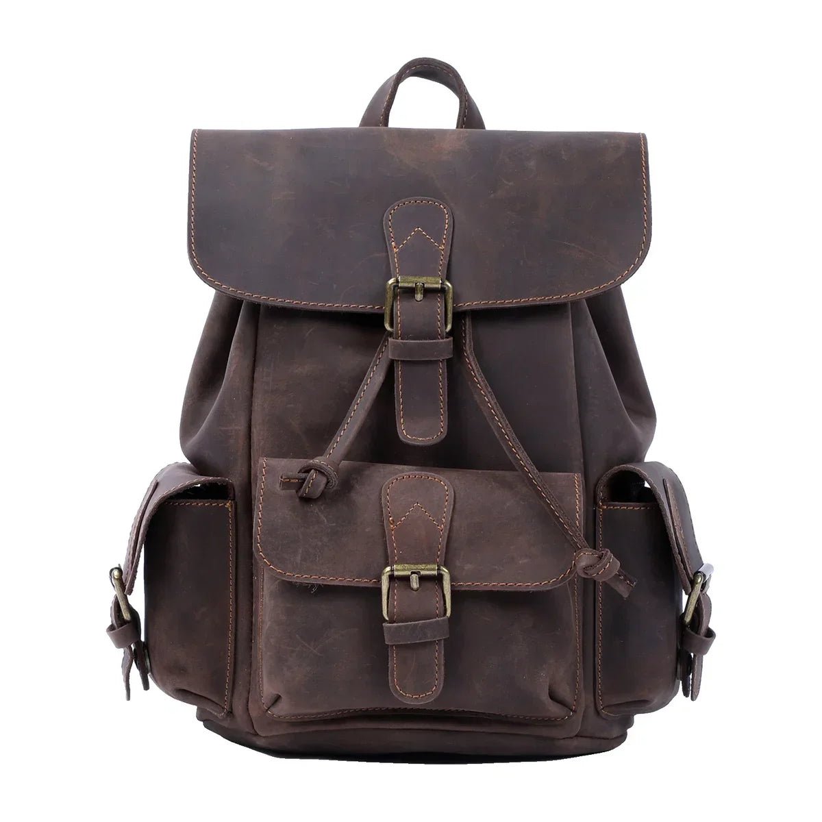 Men’s Crazy Horse Leather Mini Backpack with Drawstring - Vintage Coffee