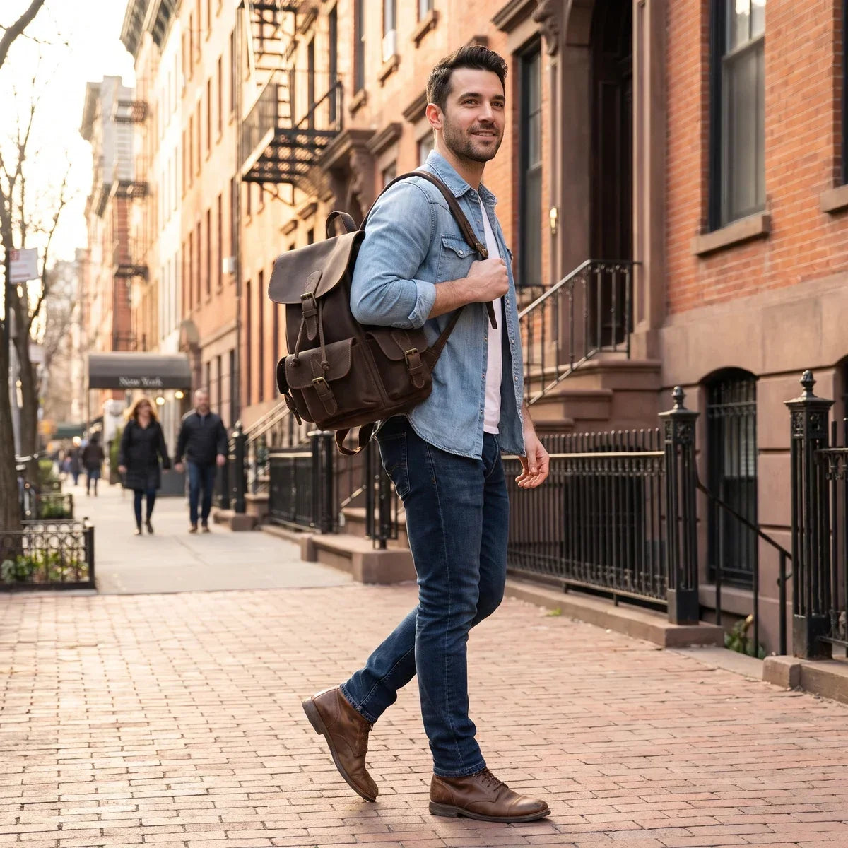 Men’s Crazy Horse Leather Mini Backpack with Drawstring - Vintage Coffee
