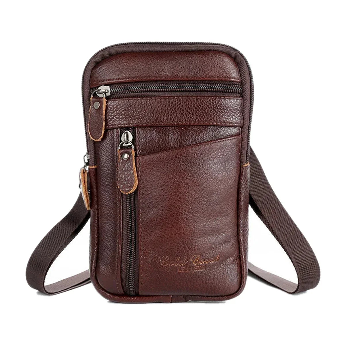 Leather Phone Pouch - Zip Front Crossbody Waist Bag - Coffee