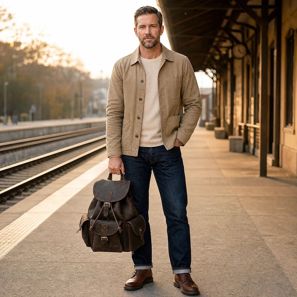 Men’s Genuine Leather Rucksack with Drawstring Top
