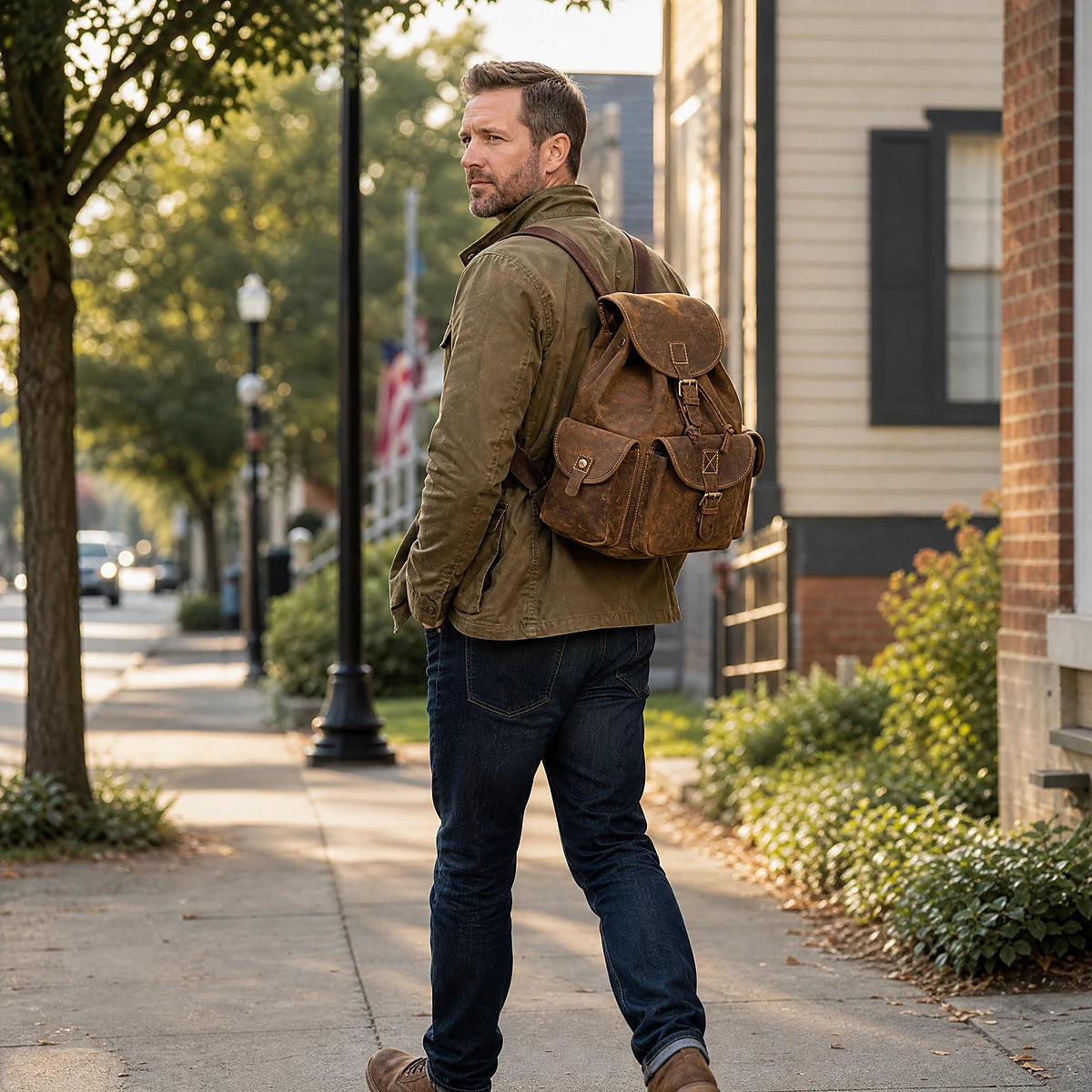 Men’s Genuine Leather Rucksack with Drawstring Top