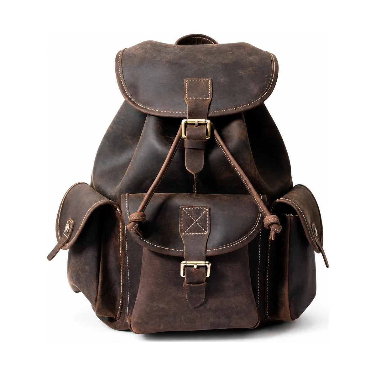 Men’s Genuine Leather Rucksack with Drawstring Top - Dark Brown