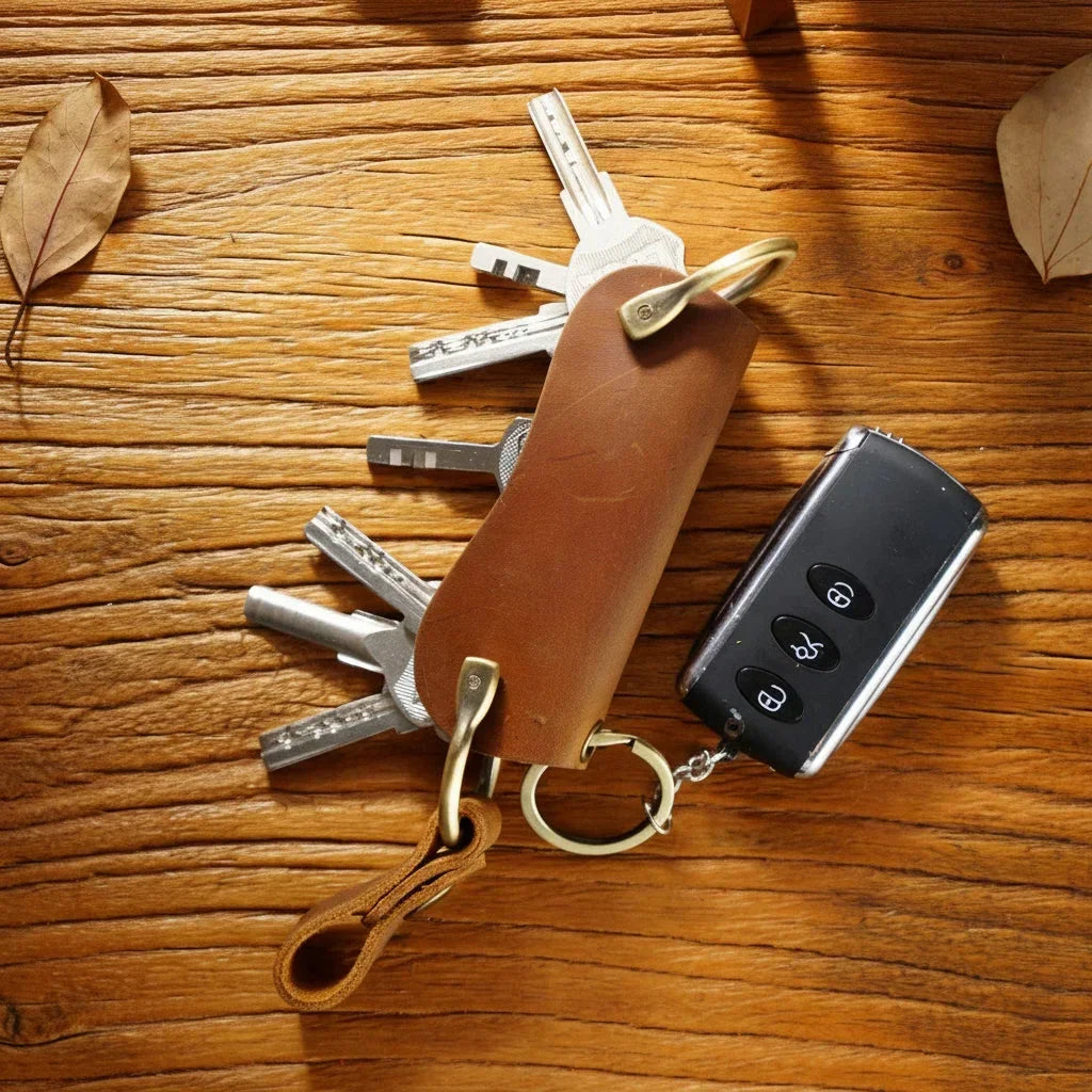 Leather Smart Key Holder - Compact Fold-Out Case for 10 Keys