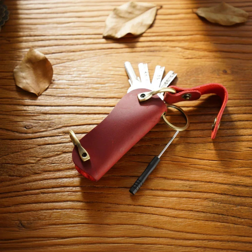 Leather Smart Key Holder - Compact Fold-Out Case for 10 Keys