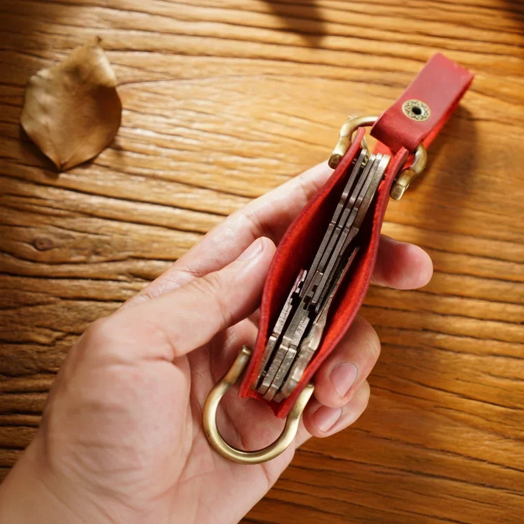 Leather Smart Key Holder - Compact Fold-Out Case for 10 Keys