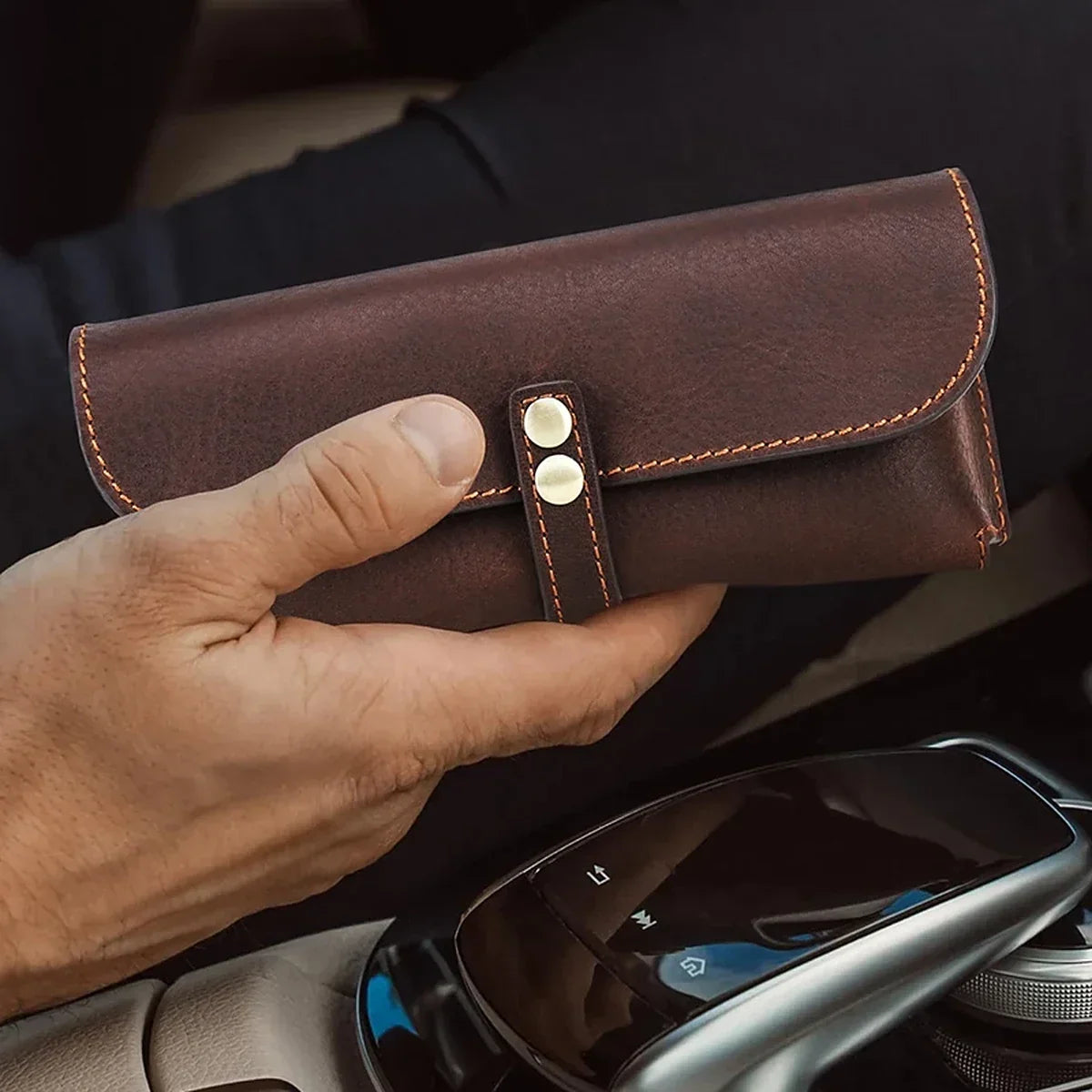 Leather Sunglasses Case - Soft Microfiber-Lined Snap Glasses Holder - Coffee