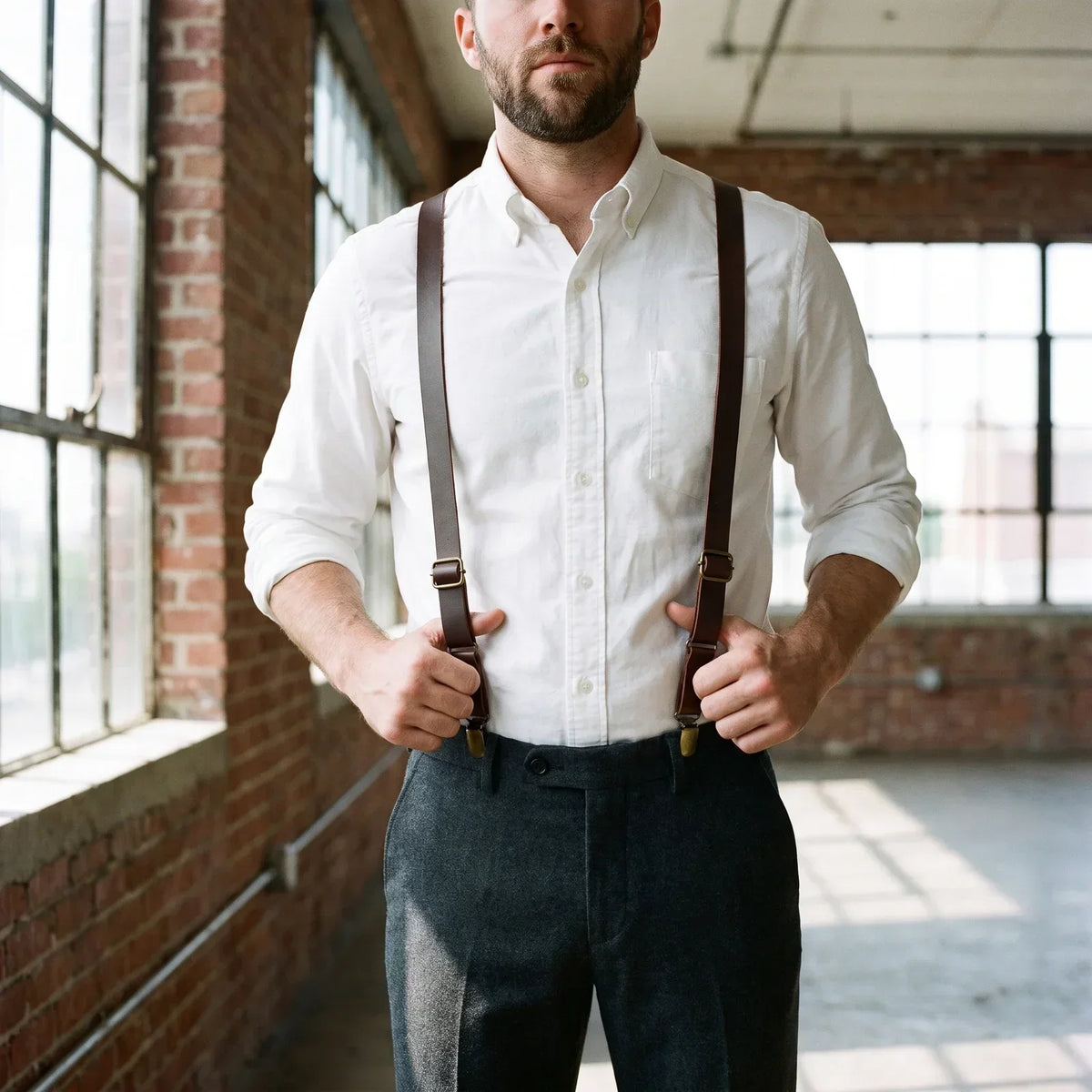 Leather Suspenders - Y-Back Clip-On Braces for Jeans & Suits