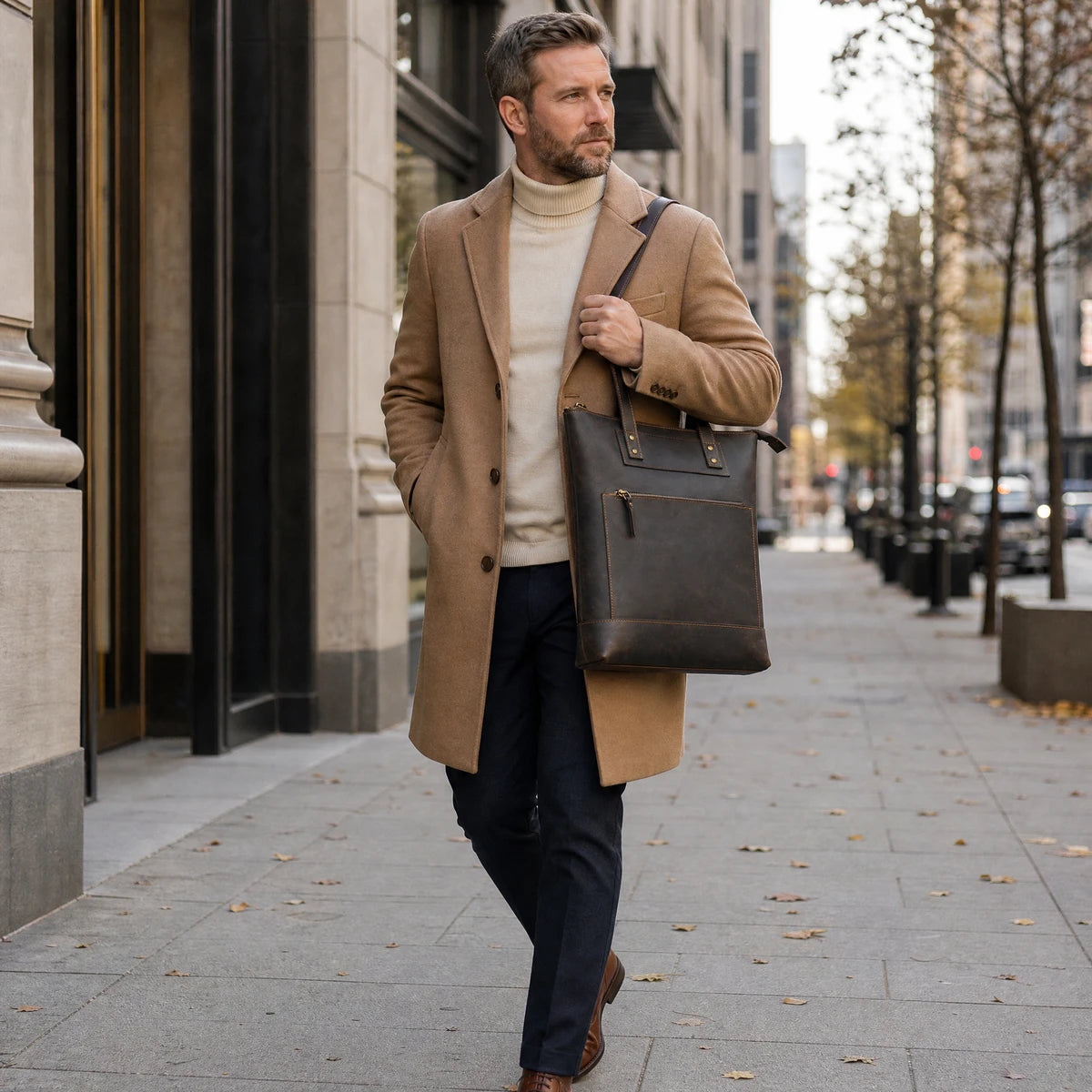 Men’s Leather Work Tote Bag with Front Zip Pocket - Dark Coffee